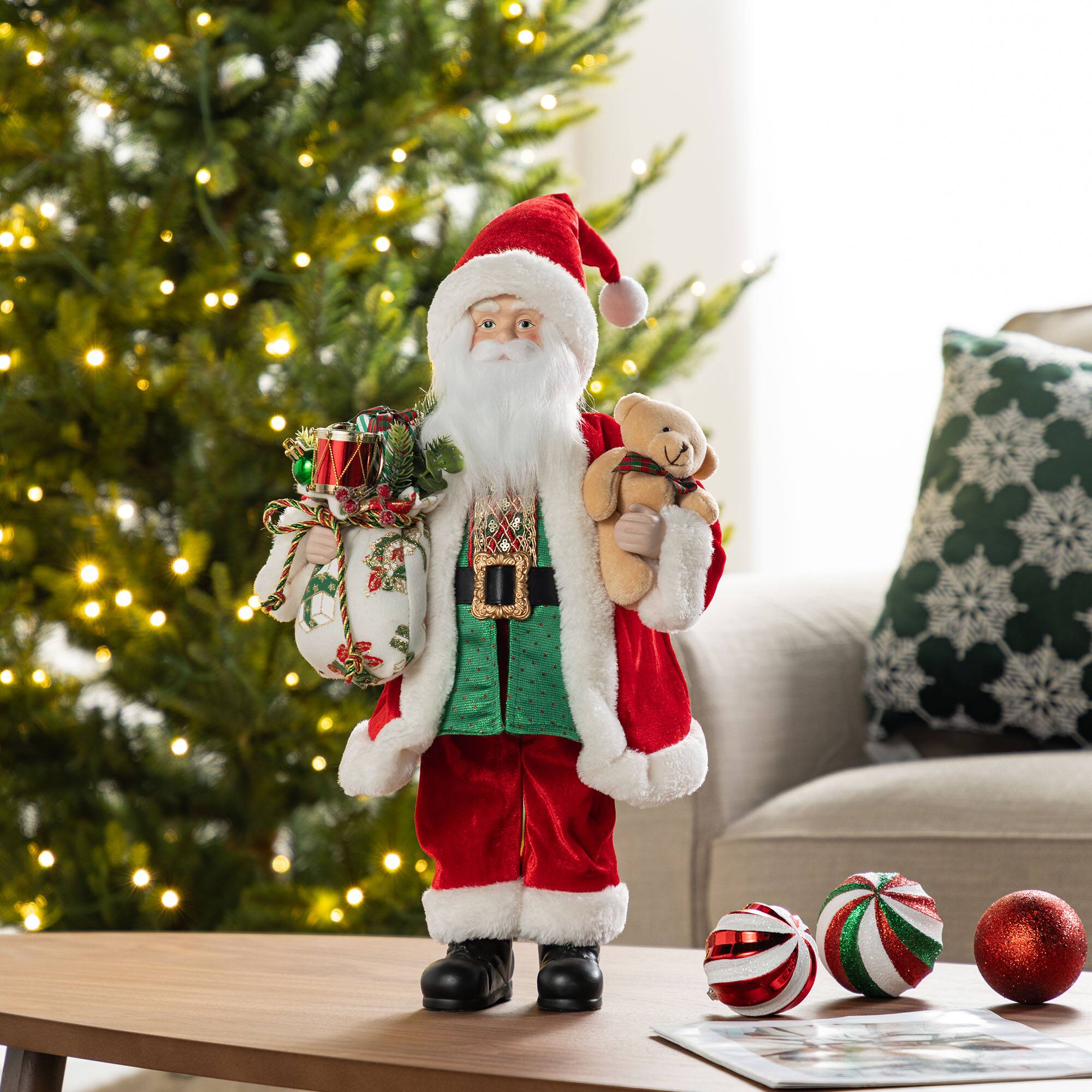 Glitzhome® 18"H Faux Fur Christmas Traditional Santa Figurine with Porcelain Face